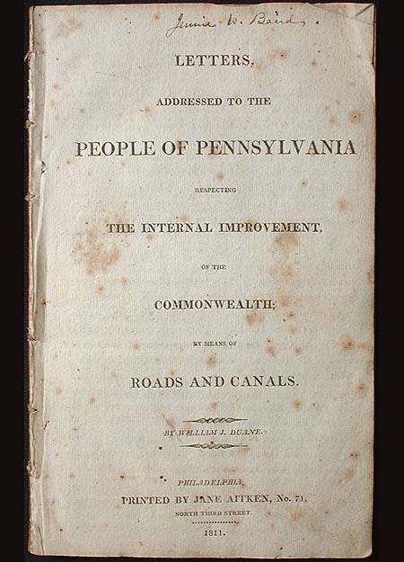 Item #001582 Letters, Addressed to the People of Pennsylvania Respecting the Internal Improvement, of the Commonwealth; by Means of Roads and Canals. William J. Duane.