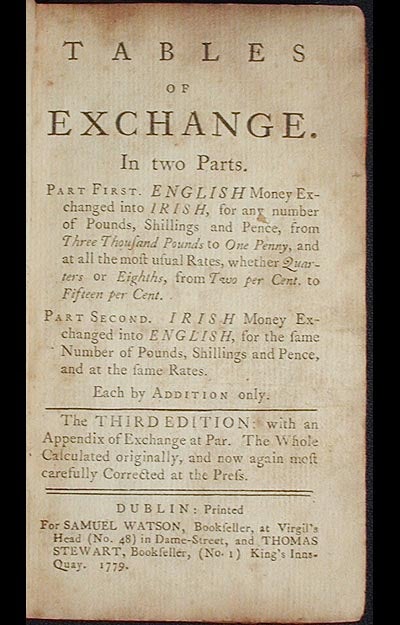 Item #002160 Tables of Exchange: In Two Parts. Part First. English Money Exchanged into Irish . . . Part Second. Irish Money Exchanged into English, . . . Each by Addition Only. John Watson.