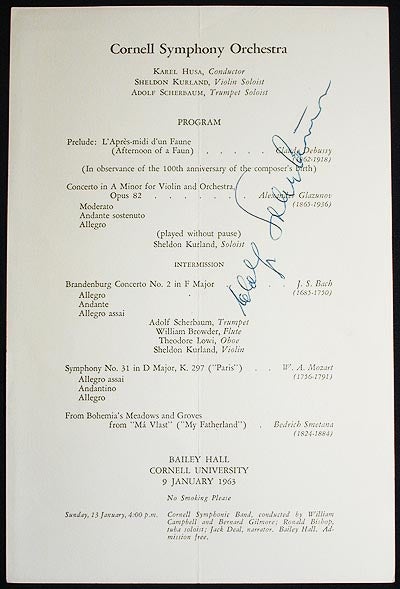 Item #002274 1963 Cornell Symphony Orchestra program signed by trumpet soloist Adolf Scherbaum