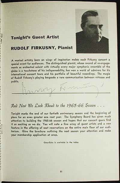 Item #002280 Rudolf Firkusny Autograph [program from 1965 Rachmaninoff Rhapsody on a Theme of Paganini Performance with Amarillo Symphony Orchestra]
