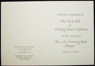 Benjamin Franklin: A Wood Engraving by John DePol with the Compliments of New York Club of Printing House Craftsmen on the occasion of the 1982 Printing Week Dinner
