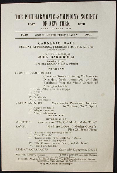 Item #002582 The Philharmonic-Symphony Society of New York [program with John Barbirolli and Eugene List] 1943
