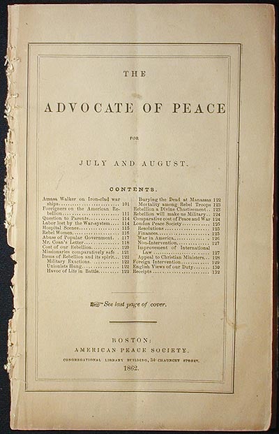 Item #002617 The Advocate of Peace for July and August [1862]. American Peace Society.