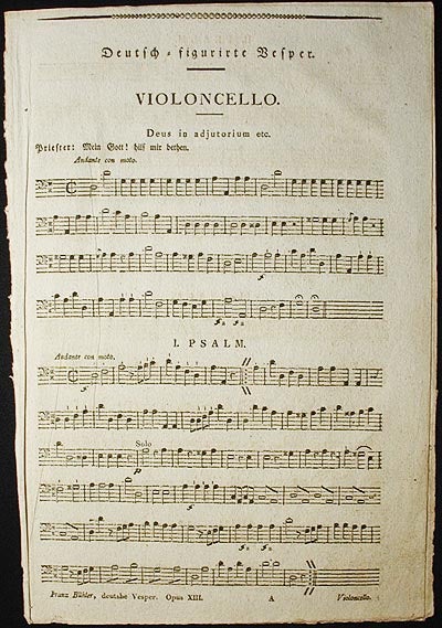 Item #002727 Deutsch-Figurirte Vesper nebst den Gewöhnlichen IV. Antiphonen; Opus XIII [Violoncello part]. Franz Bühler.
