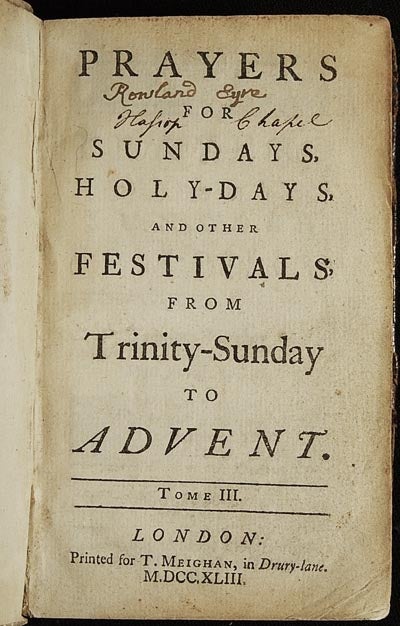 Item #003140 Prayers for Sundays, Holy-Days, and Other Festivals, [vol. 3] From Trinity-Sunday to Advent. John Gother.