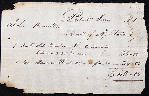 Item #003481 Handwritten Receipt for the purchase of Ale and Stout from Anthony Slater by John Hamilton, Philadelphia 1811. Anthony Slater.