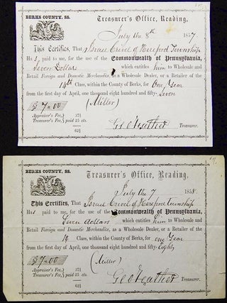 Item #003486 Receipts from Berks Co., Pa., Treasurer's Office for Miller's License, 1857 and 1858...