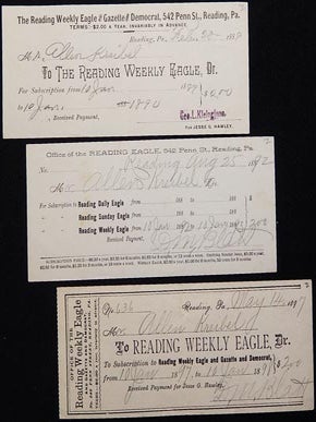Item #003487 Receipts for Subscription to the Reading Weekly Eagle for Allen Kreibel, 1889, 1892,...