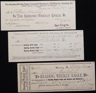 Item #003487 Receipts for Subscription to the Reading Weekly Eagle for Allen Kreibel, 1889, 1892,...