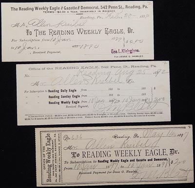 Item #003487 Receipts for Subscription to the Reading Weekly Eagle for Allen Kreibel, 1889, 1892, 1897. George L. Kleinginna, D. M. Blatt.