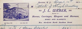 Account Settlement between Estate of Hugh Armstrong, box maker, and J.L. Weber, dealer in horses, carriages, wagons and harness, Trenton, N.J., 1907-1910 [illustrated letterhead]