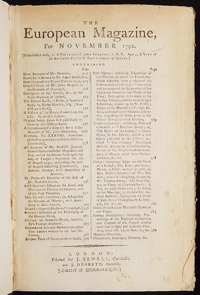 Item #003964 The European Magazine, and London Review, for November 1792 [Mutiny on the Bounty; Charlotte Turner Smith; Moses Mendes]