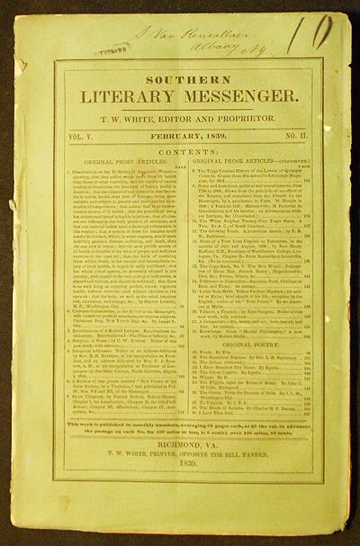 Item #004050 Southern Literary Messenger Feb. 1839 vol. 5, no. 2. Lydia H. Sigourney, Harvey Lindsly.