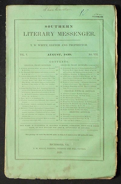 Item #004056 Southern Literary Messenger Aug. 1839 vol. 5, no. 8 [Maria Gowen Brooks]. George Combe.