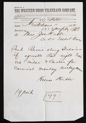 Item #004617 Western Union telegram from New Orleans mentioning Carnival, 1874 [America H....