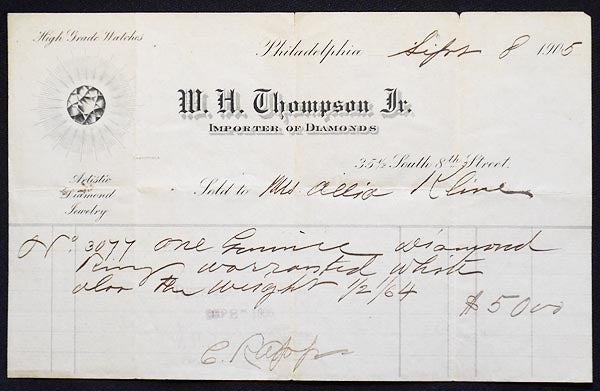 Item #004630 W.H. Thompson Jr., importer of Diamonds, receipt with letterhead