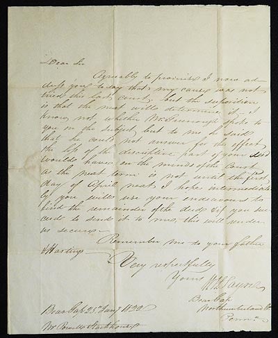 Item #004850 1 handwritten letter to Powell Stackhouse regarding a deed for land in Northumberland Co., Pa. W. H. Sayre.