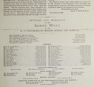 Babies' Ward: Physician's Report, read before the Ladies' Auxiliary Board of the Babies' Ward of the New York Post-Graduate Medical School and Hospital, at its First Anniversary, Nov. 23, 1886