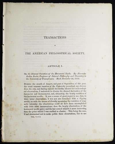 Item #005003 On the Diurnal Variation of the Horizontal Needle [Transactions of the American Philosophical Society, vol. 5 New Series, Article I]. Alexander Dallas Bache.