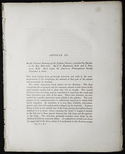 Item #005005 On the Visceral Anatomy of the Python (Cuvier), described by Daudin as the Boa Reticulata by J.P. Hopkinson and J. Pancoast [Transactions of the American Philosophical Society, vol. 5 New Series, Article III]. J. P. Hopkinson, Joseph Pancoast.
