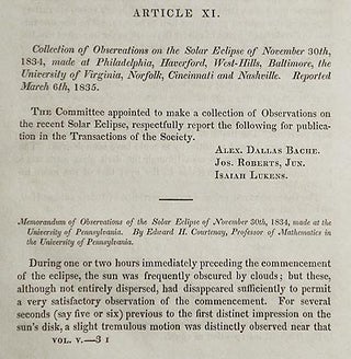 Collection of Observations on the Solar Eclipse of November 30th, 1834, made at Philadelphia, Haverford, West-Hills, Baltimore, the University of Virginia, Norfolk, Cincinnati and Nashville [Transactions of the American Philosophical Society, vol. 5 New Series, Article XI]