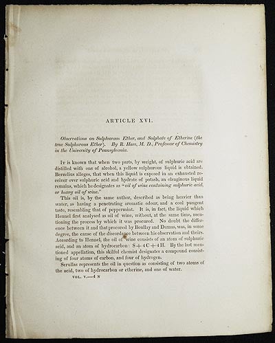 Item #005018 Observations on Sulphurous Ether, and Sulphate of Etherine (the true Sulphurous Ether) by R. Hare [Transactions of the American Philosophical Society, vol. 5 New Series, Article XVI]. Robert Hare.