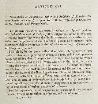 Observations on Sulphurous Ether, and Sulphate of Etherine (the true Sulphurous Ether) by R. Hare [Transactions of the American Philosophical Society, vol. 5 New Series, Article XVI]