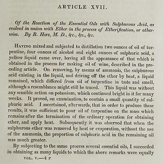 Of the Reaction of the Essential Oils with Sulphurous Acid, as evolved in union with Ether in the process of Etherification, or otherwise by R. Hare [Transactions of the American Philosophical Society, vol. 5 New Series, Article XVII]