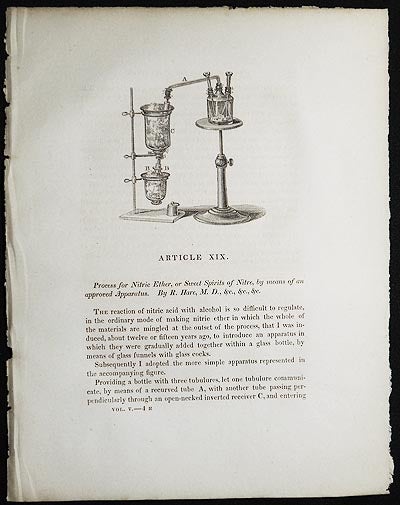Item #005021 Process for Nitric Ether, or Sweet Spirits of Nitre, by means of an approved Apparatus by R. Hare [Transactions of the American Philosophical Society, vol. 5 New Series, Article XIX]. Robert Hare.