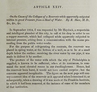 On the Cause of the Collapse of a Reservoir while apparently subjected within to great Pressure from a Head of Water by R. Hare [Transactions of the American Philosophical Society, vol. 5 New Series, Article XXIV]