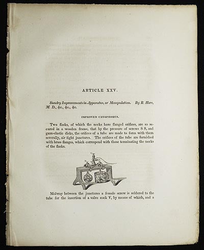 Item #005027 Sundry Improvements in Apparatus, or Manipulation by R. Hare [Transactions of the American Philosophical Society, vol. 5 New Series, Article XXV]. Robert Hare.
