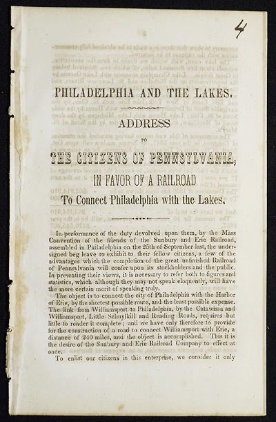 Item #005086 Philadelphia and the Lakes: Address to the Citizens of Pennsylvania, in Favor of a Railroad to connect Philadelphia with the Lakes. William Morris Meredith.