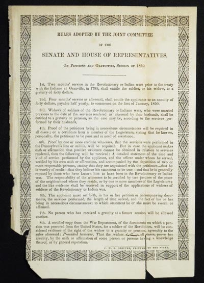 Item #005101 Rules Adopted by the Joint Committee of the Senate and House of Representatives, On Pensions and Gratuities, Session of 1850. Pennsylvania. General Assembly.