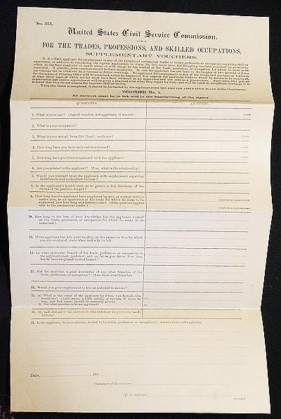 Item #005292 For the Trades, Professions, and Skilled Occupations: Supplementary Vouchers [recommendation form for applicants]. United States Civil Service Commission.