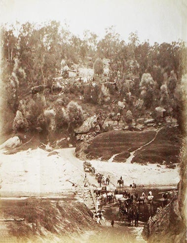 Item #005408 Rural Australian Scene at a River Crossing: Men, Women with Parasols, Carriage with Horses, Wagon and Cattle