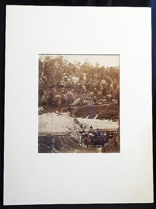 Rural Australian Scene at a River Crossing: Men, Women with Parasols, Carriage with Horses, Wagon and Cattle