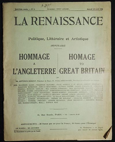Item #005574 La Renaissance: Politique, Litteraire et Artistique -- Quatrième Année No. 9, April 29, 1916: Hommage a l'Angleterre -- Homage to Great Britain
