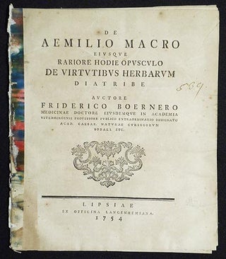 Item #005809 De Aemilio Macro eiusque Rariore Hodie Opusculo de Vitutibus Herbarum Diatribe...