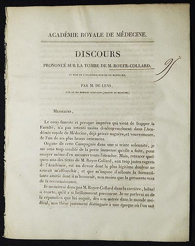 Item #005858 Discourse Prononcé sur la Tombe de M. Royer-Collard, au Nom de L'Académie Royale de Médecine; par M. De Lens, l'Un de Ses Membres Titulaires (Section de Médecine). Adrien Jacques de Lens.