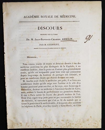 Item #005865 Discours Prononcé sur la Tombe de M. Jean-Baptiste-Charles Asselin, par M. Guersent, Membre Titulaire l'Académie Royale de Médecine. Louis Benoit Guersent.