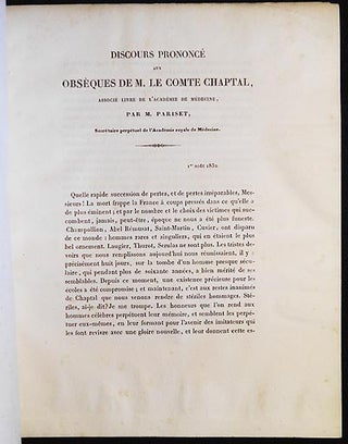 Discourse Prononcé aux Obsèques de M. le comte Chaptal, par M. Pariset, Secrétaire Perpétuel de l'Académie Royale de Médecine
