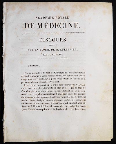 Item #005877 Discours Prononcé sur la Tombe de M. Cullerier, par M. Moreau, Secrétaire de la Section de Chirurgie. M. Moreau.