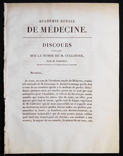 Item #005878 Discours Prononcé sur la Tombe de M. Cullerier, par M. Pariset, Secrétaire Perpétuel de l'Académie Royale de Médecine. Étienne Pariset.