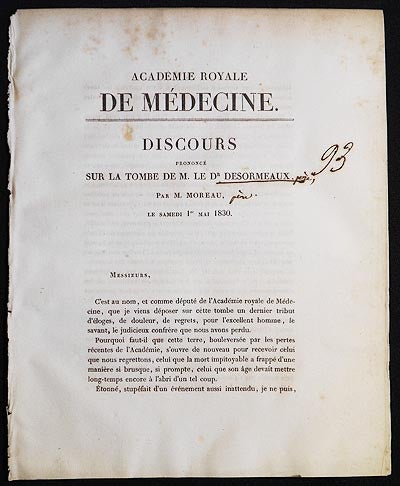 Item #005880 Discours Prononcé sur la Tombe de M. le Dr. Desormeaux, par M. Moreau. M. Moreau.