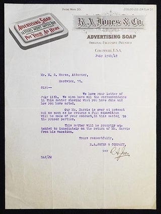 Item #005884 Letter to M.G. Morse on R. A. Jones & Co. Advertising Soap letterhead. R. A Jones