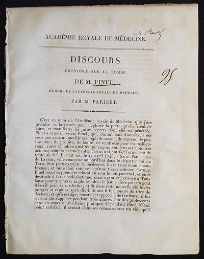 Item #005891 Discours Prononcé sur la Tombe de M. Pinel, Membre de l'Académie Royale de Médecine; par M. Pariset. Étienne Pariset.