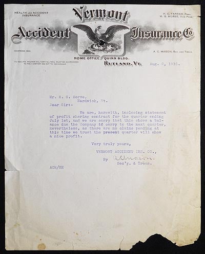 Item #005894 Letter to M.G. Morse on Vermont Accident Insurance Co. letterhead. A. C. Mason.