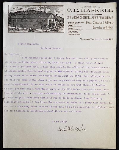 Item #005896 Typed letter to Melvin Morse of Hardwick, Vt., signed by C.E. Haskell on his business letterhead. C. E. Haskell.