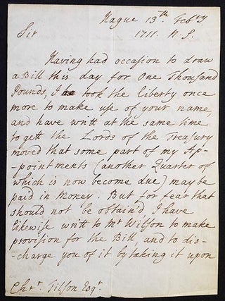 Item #005898 Letter to Christopher Tilson, esq., written at the Hague on Feb. 13, 1711. Viscount...