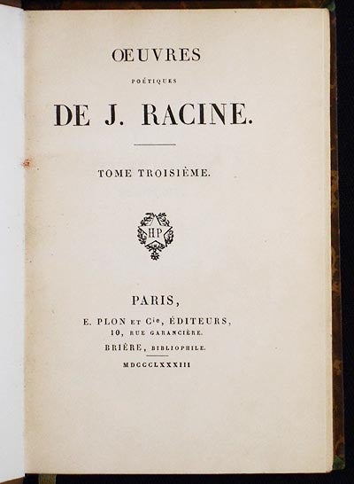 Item #005957 Oeuvres Poétiques de J. Racine: Tome Troisième. Jean Racine.